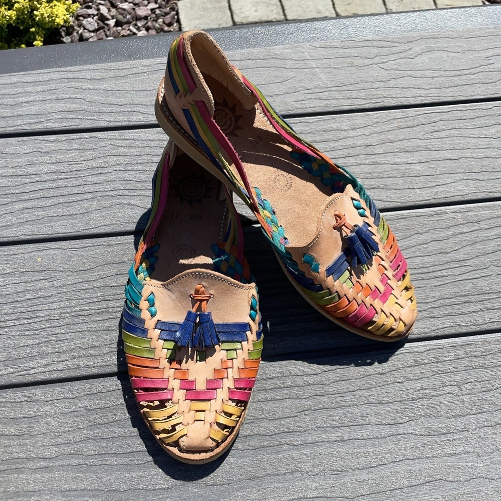 Womens Authentic Mexican Huarache Sandals Leather Rainbow Slip On Summer--27